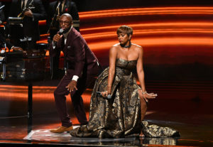 Rickey Smiley and LeToya Luckett, co-hosts of the 2019 Black Music Honors dancing on the show, September 5, 2019 at the Cobb Energy Performing Arts Centre.