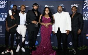 Photo of gospel stars Hanging out backstage in the press room at the 38th Annual Stellar Awards Tye Tribbett, Travis Greene, Pastor Mike Jr.,Dr.Marvin Sapp and Kirk Franklin in The Orleans Arena-Las Vegas. Photo Courtesy Central City Productions.