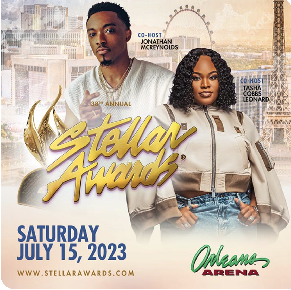Stellar Awards 2023 official poster featuring hosts Jonathan McReynolds and Tasha Cobbs Leonard.