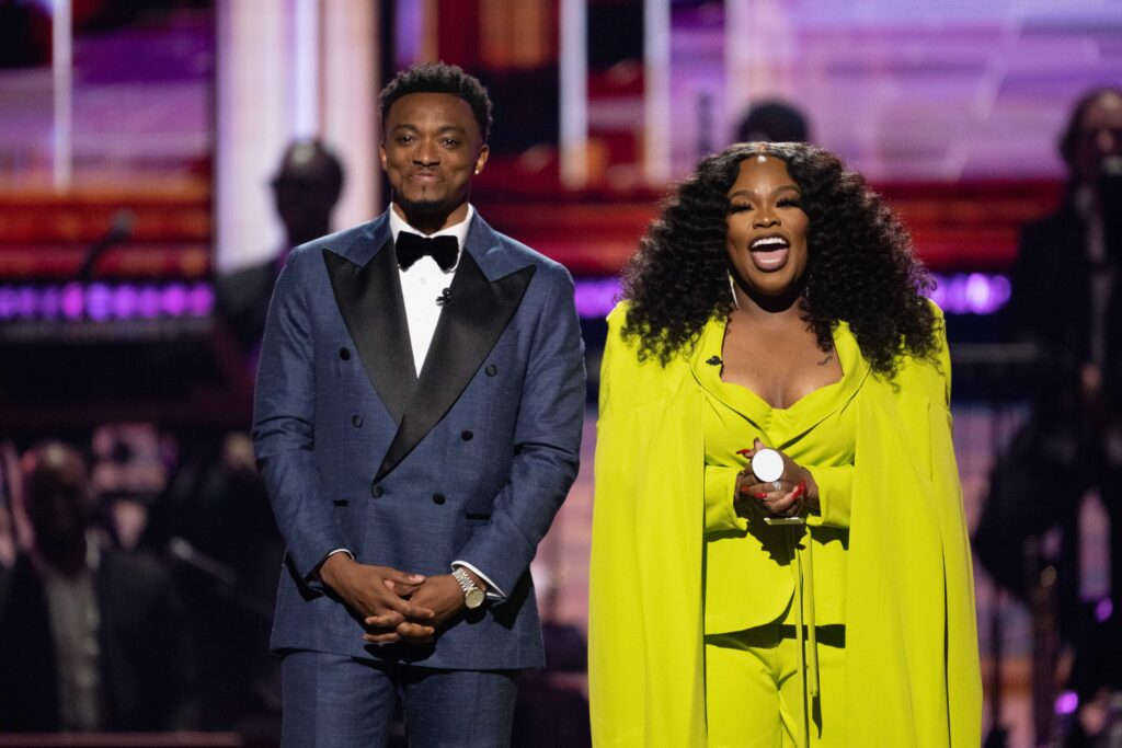 Jonathan MeReynolds and Tasha Cobbs Leonard co-host The Stellar Awards at the Orleans Arena in Las Vegas on July 15, 2023.